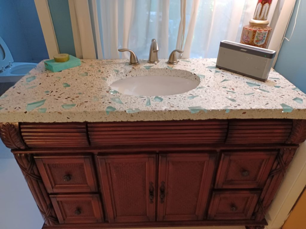 Terrazzo Seashell and Sea Glass Vanity Top with Cabinet Base